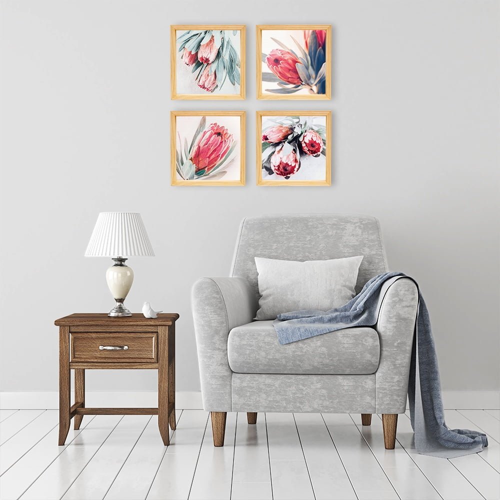 PINE BOXED CANVAS 4PCE COLLAGE RED PROTEA