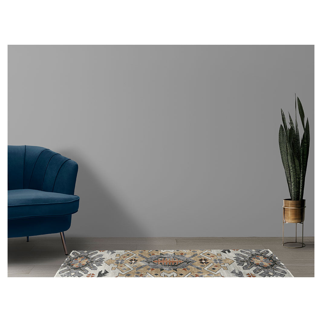 CLASSIC BEIGE AND BLUE TRIBAL GEO RUNNER RUG