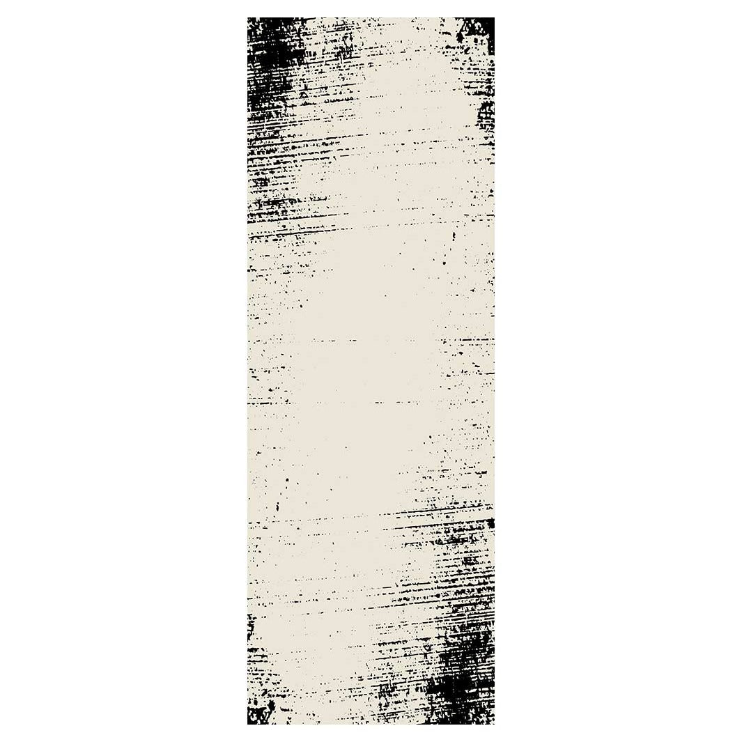 CONTEMPORARY BEIGE AND BLACK INK FRAME DISTRESSED  RUNNER RUG