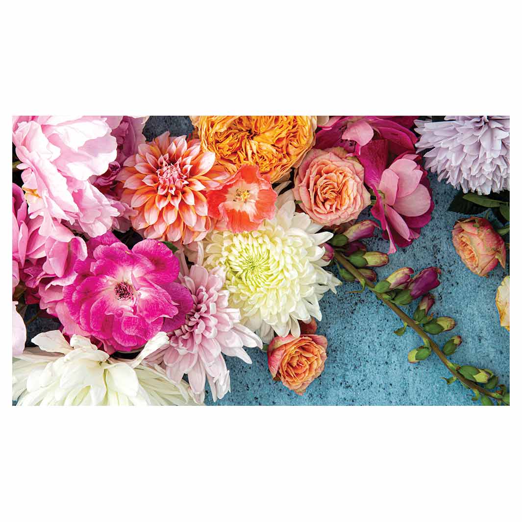 FLORAL PINK PEONY AND DAHLIA BOUQUET ON BLUE TABLECLOTH