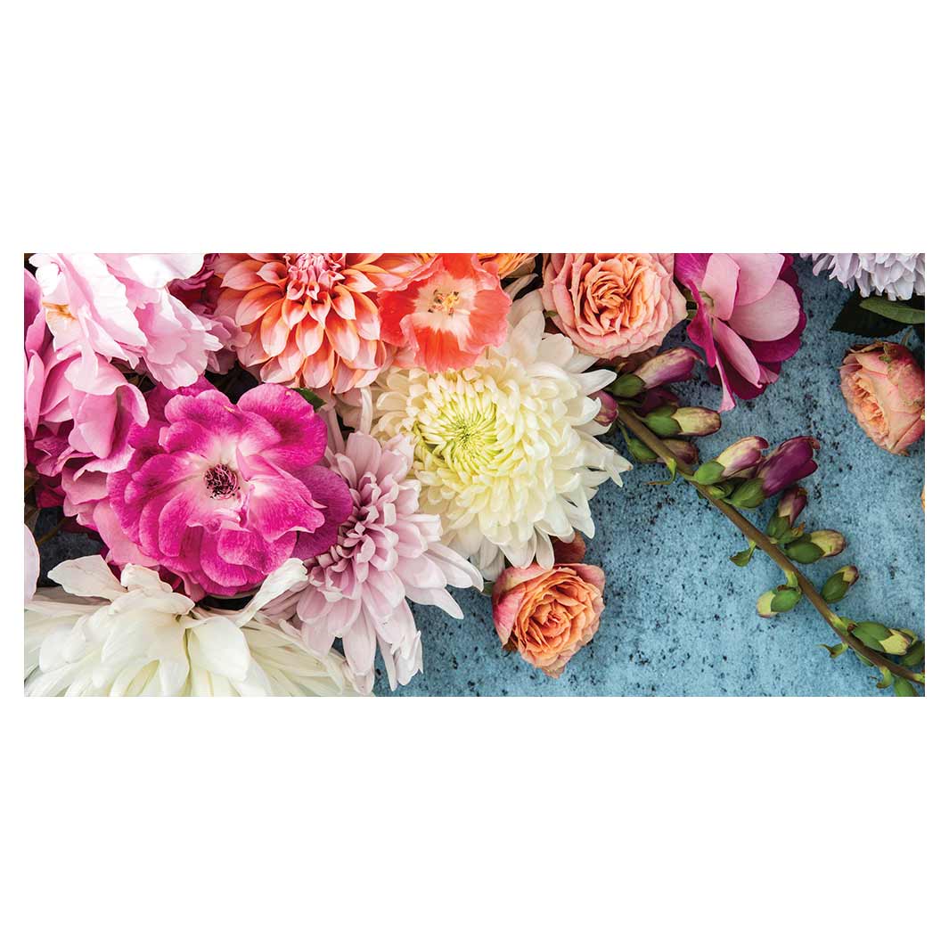 FLORAL PINK PEONY AND DAHLIA BOUQUET ON BLUE TABLECLOTH