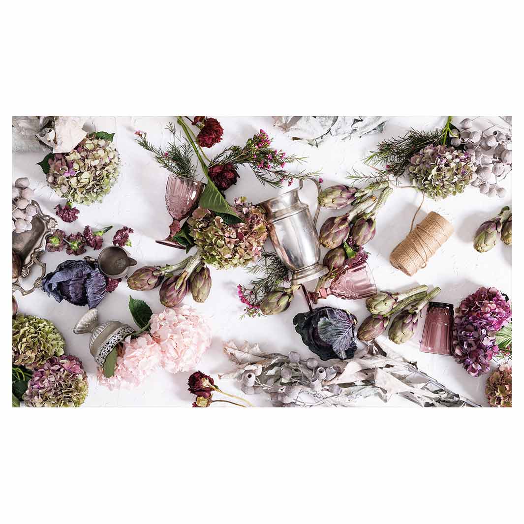 HYDRANGEA SILVERWARE PURPLE HUES ON WHITE TABLECLOTH