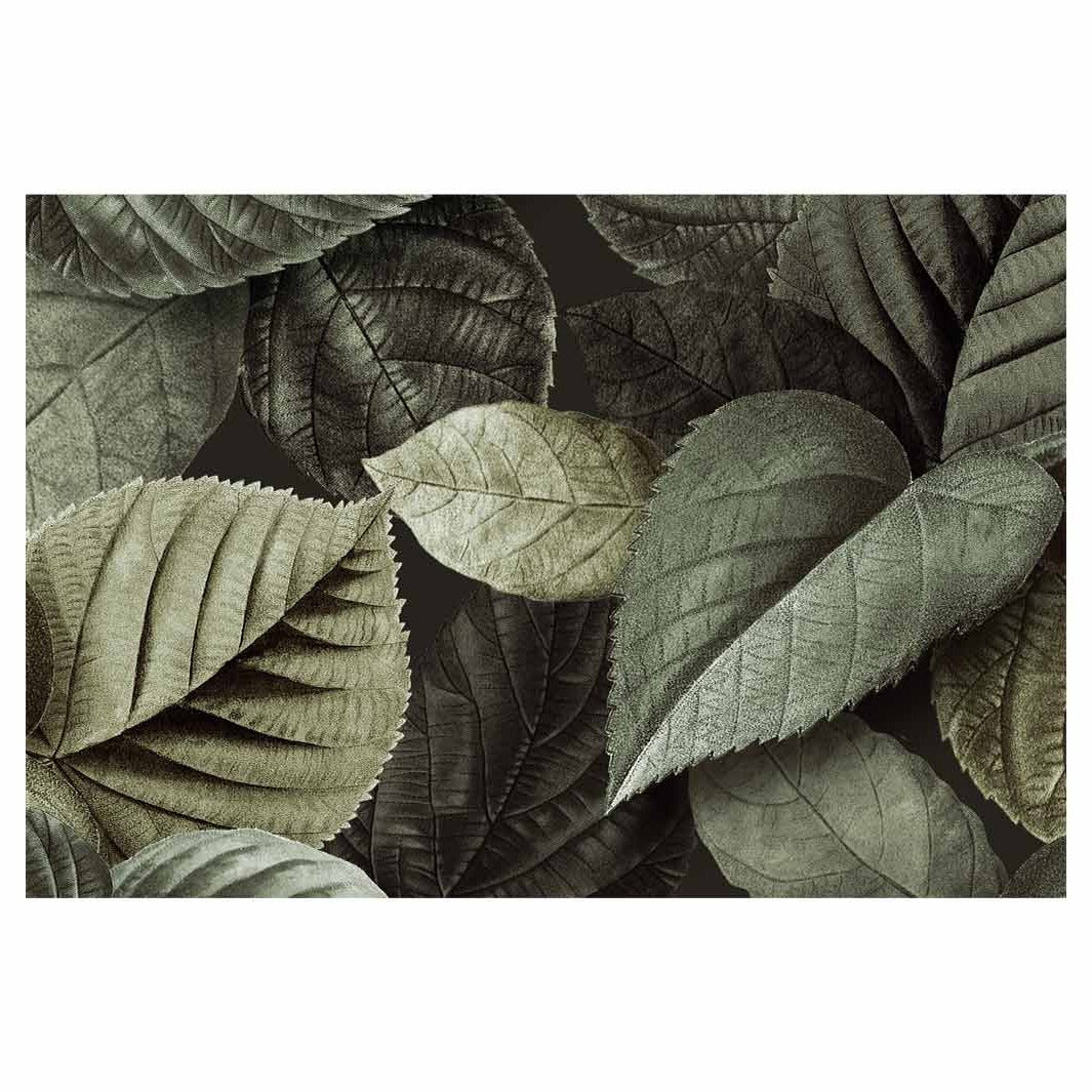 CONTEMPORARY MONOCHROME GREEN LEAVES RECTANGULAR RUG