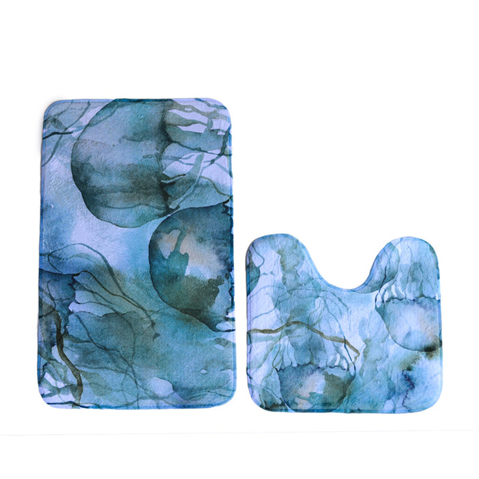 2 PIECE MEMORY FOAM BATH MAT SET PATTERN BLUE OCEAN WATERCOLOUR JELLYFISH