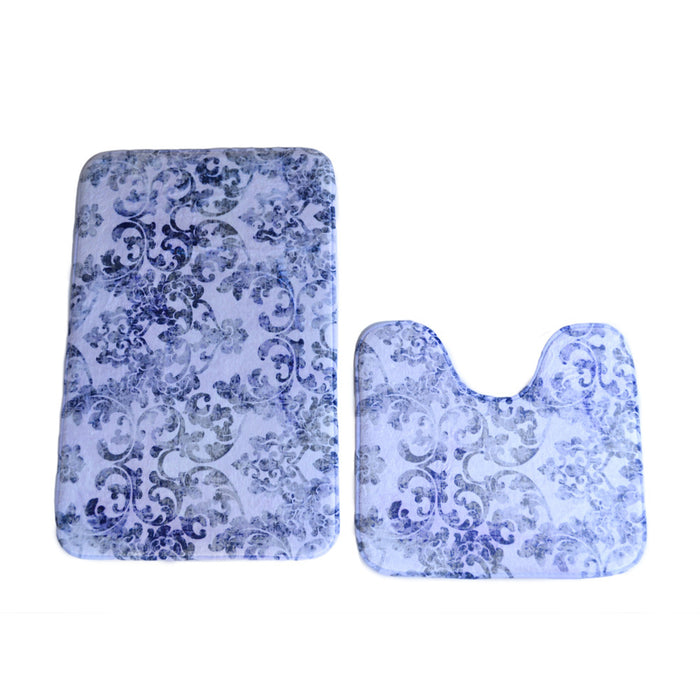 2 PIECE MEMORY FOAM BATH MAT SET CLASSIC BLUE DAMASK DISTRESSED