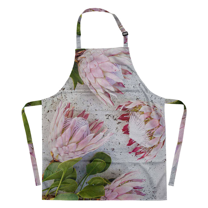 FLORAL PINK PROTEAS ON WHITE APRON