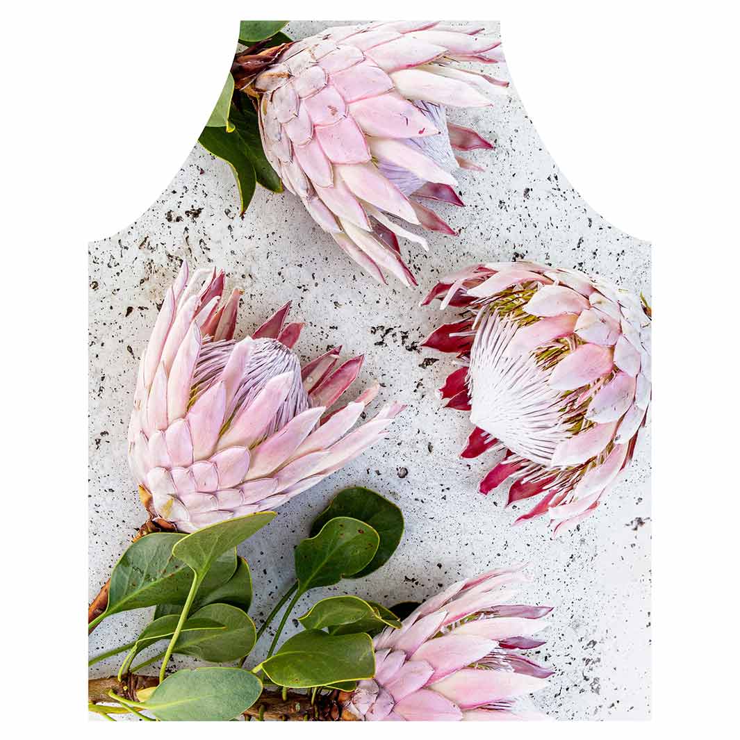 FLORAL PINK PROTEAS ON WHITE APRON