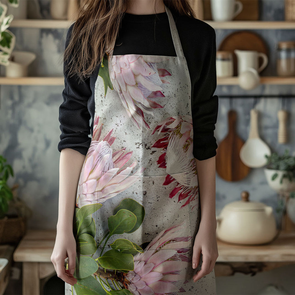 FLORAL PINK PROTEAS ON WHITE APRON