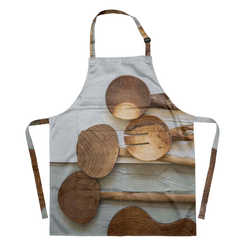 NATURAL BROWN WOODEN SPOONS ON GREY AND WHITE APRON
