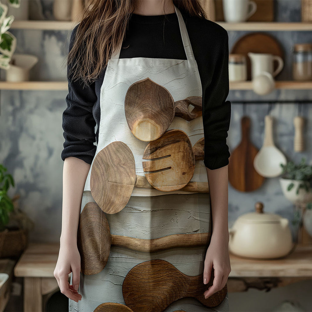 NATURAL BROWN WOODEN SPOONS ON GREY AND WHITE APRON