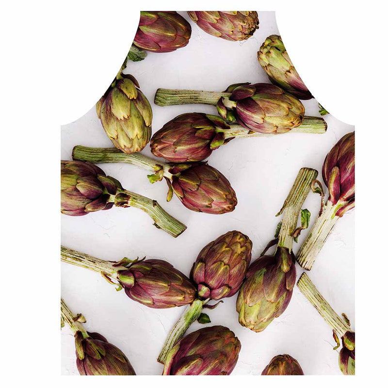 ARTICHOKE DEEP GREEN AND PURPLE ON WHITE APRON