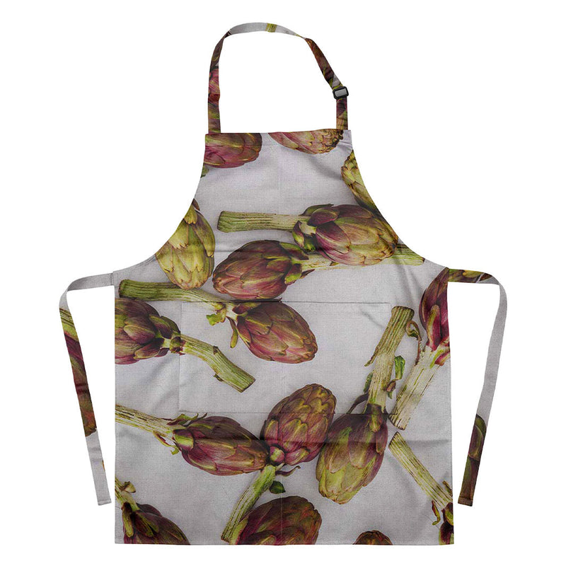 ARTICHOKE DEEP GREEN AND PURPLE ON WHITE APRON