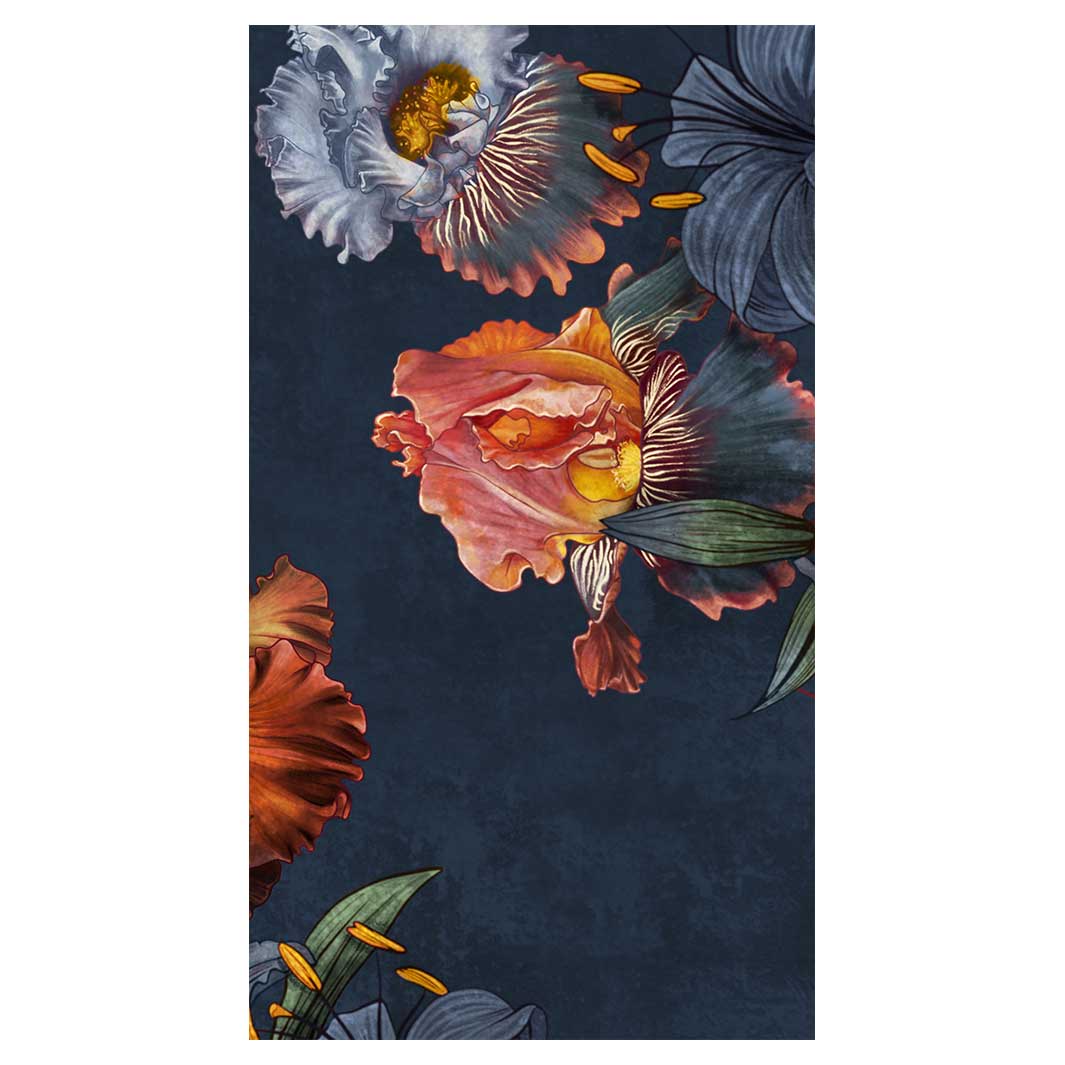 FLORAL NAVY LILIES AND IRIS PAINTING BUFF