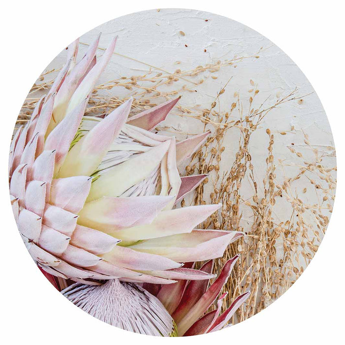 FLORAL PINK GRASSY PROTEA ROUND CLOCK