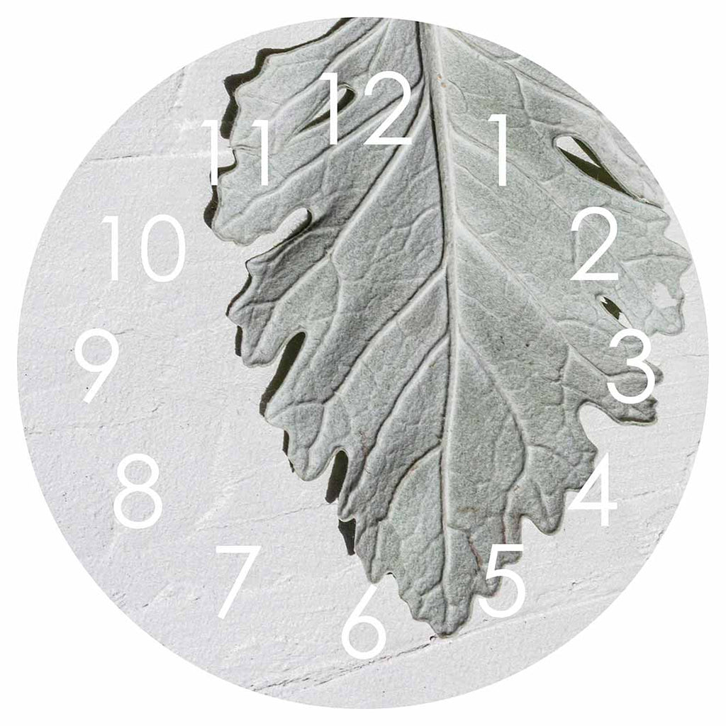LEAVES GREY MONOCHROME LEAF ROUND CLOCK