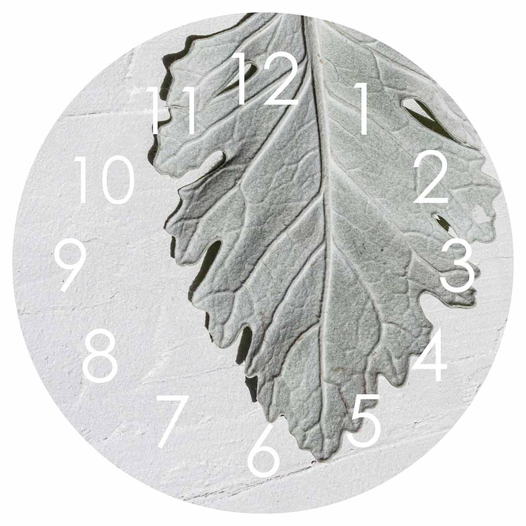 LEAVES GREY MONOCHROME LEAF ROUND CLOCK