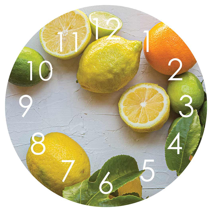 NATURAL YELLOW AND ORANGE CITRUS ON WHITE ROUND CLOCK