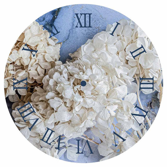 FLORAL CREAM BLEACHED HYDRANGEAS ON BLUE ROUND CLOCK