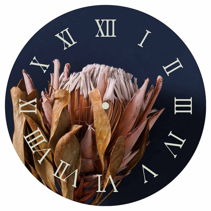 SINGLE PINK AND OLIVE PROTEA ON NAVY ROUND CLOCK