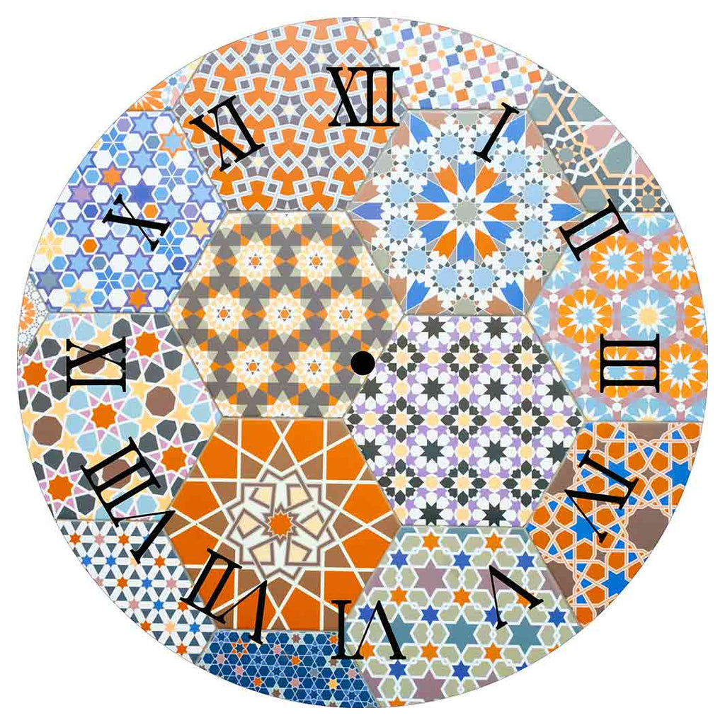 HEXAGON ORANGE AND BLUE PATTERN TILES ROUND CLOCK