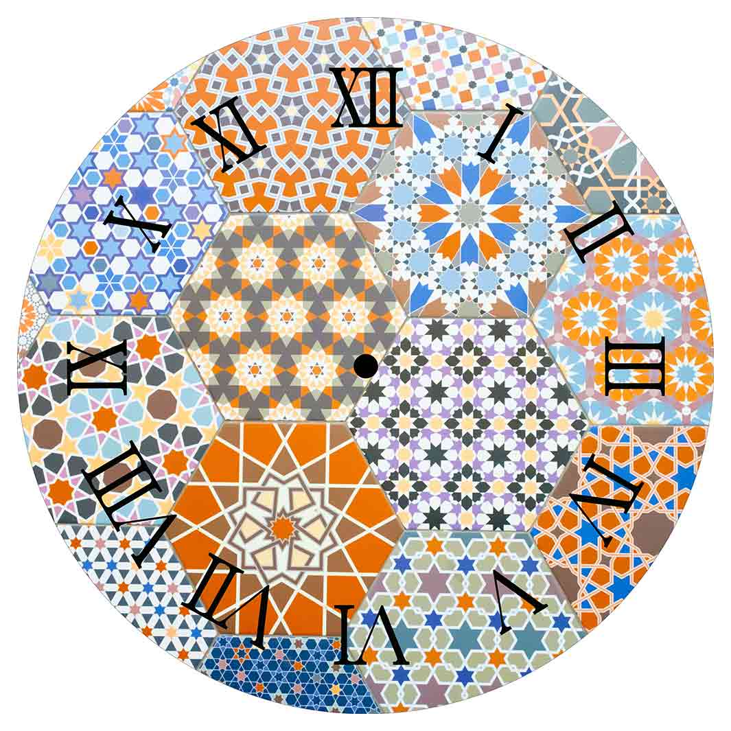 HEXAGON ORANGE AND BLUE PATTERN TILES ROUND CLOCK