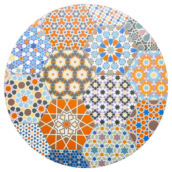 HEXAGON ORANGE AND BLUE PATTERN TILES ROUND CLOCK