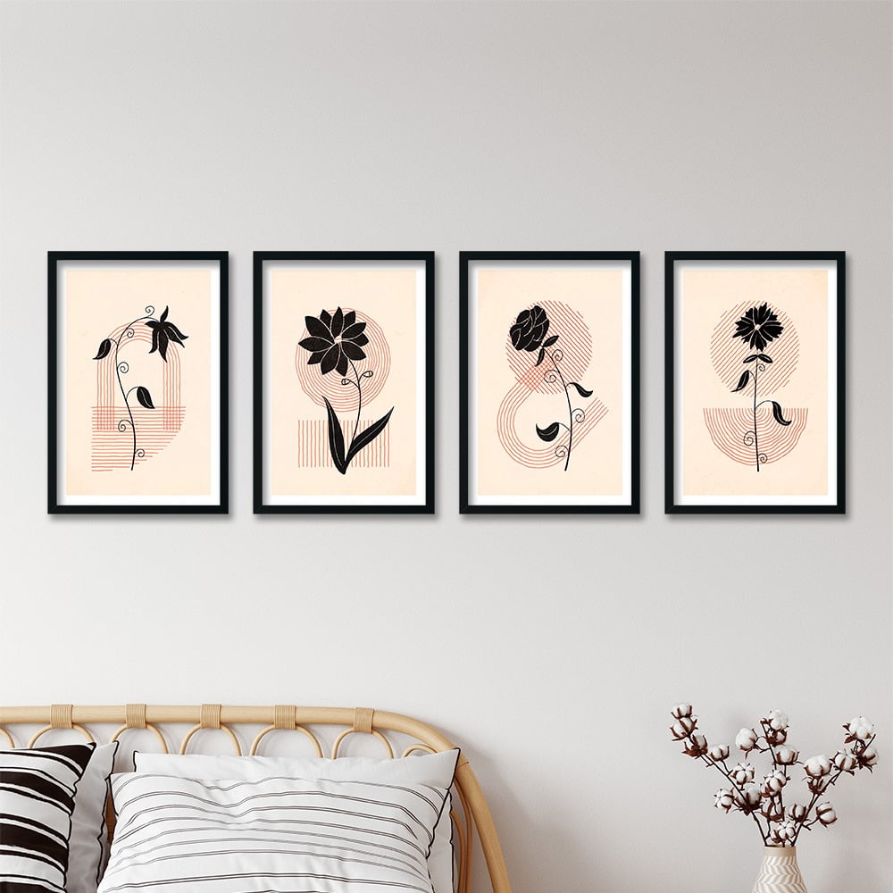 MODERN FLOWERS COMPOSITE FRAMED CANVAS COLLAGES 4PCE