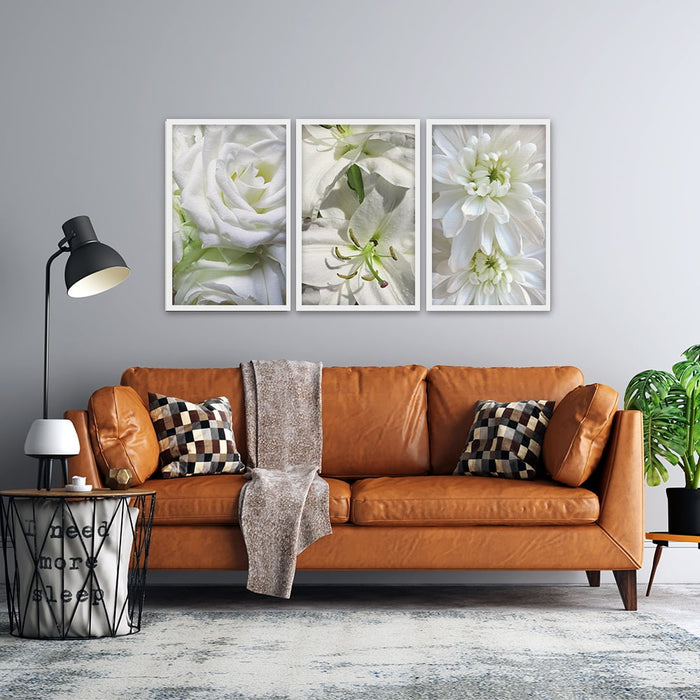 Composite Framed Canvas 3pce 40x60 White & Green flowers