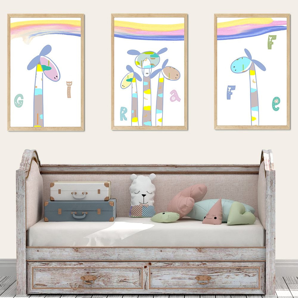 Composite Framed Canvas 3pce 46x65 Rainbow Giraffe