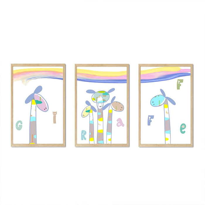 Composite Framed Canvas 3pce 46x65 Rainbow Giraffe