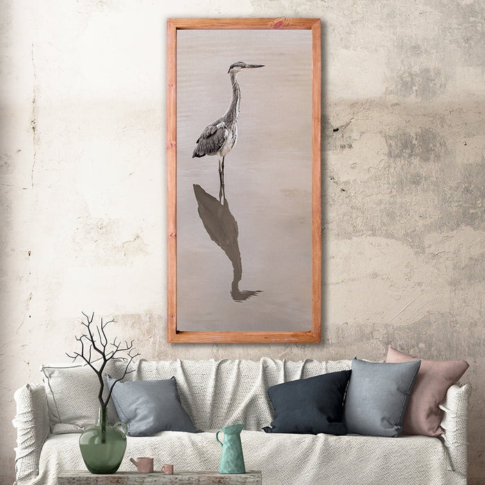 Composite Framed Canvas 77x150 GREY HERON WATER REFLECTION