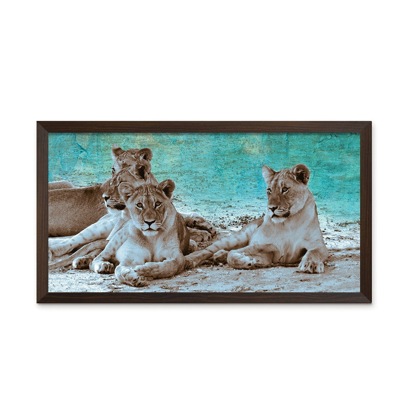 Composite Framed Canvas 77x150 Lions in Copper & green