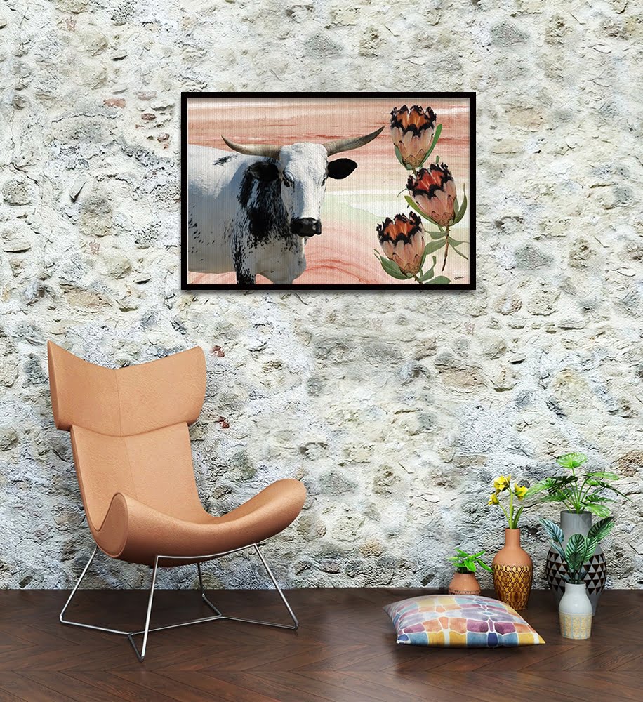 Composite Framed Canvas 80x100 Composition 3: Nguni & Proteas