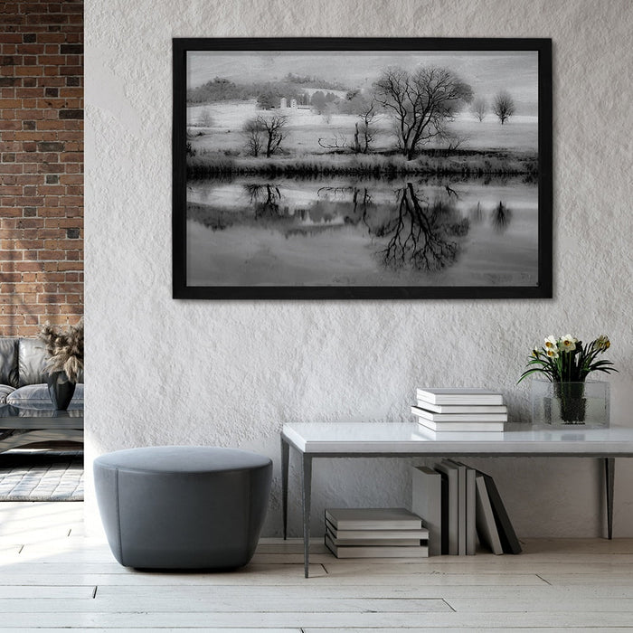 Composite Framed Canvas 100x150 LAKE TREES IN BLACK &WHITE