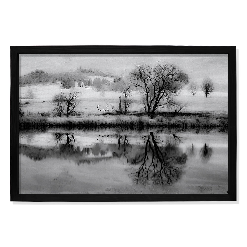 Composite Framed Canvas 100x150 LAKE TREES IN BLACK &WHITE