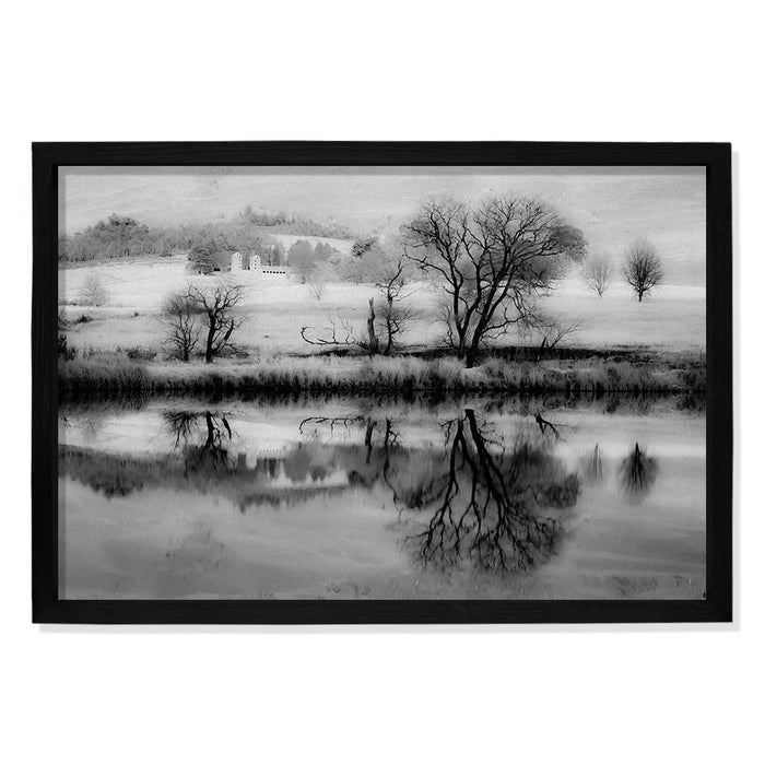 Composite Framed Canvas 100x150 LAKE TREES IN BLACK &WHITE