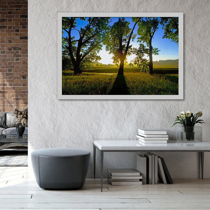 Composite Framed Canvas 100x150 SUNSET FIELD TREES