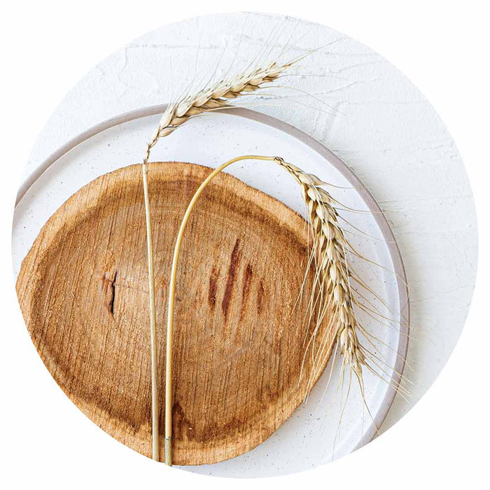 NATURAL BEIGE WHEAT ON WOOD AND WHITE ROUND COFFEE TABLE