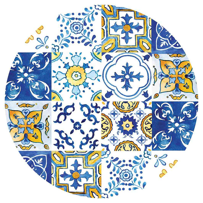 PATTERN BLUE AND YELLOW WATERCOLOUR LISBON TILE ROUND COFFEE TABLE