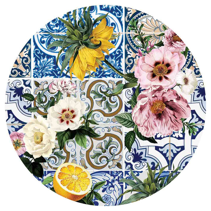 PATTERN BLUE LISBON TILE WITH LEMONS & FLOWERS ROUND COFFEE TABLE