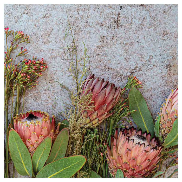 FLORAL PINK MIXED PROTEAS WITH GREEN FOLIAGE SQUARE COFFEE TABLE