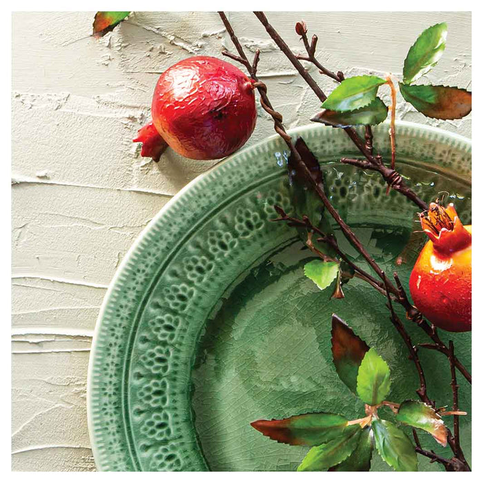 NATURAL RED POMEGRANATES ON GREEN PLATE SQUARE COFFEE TABLE