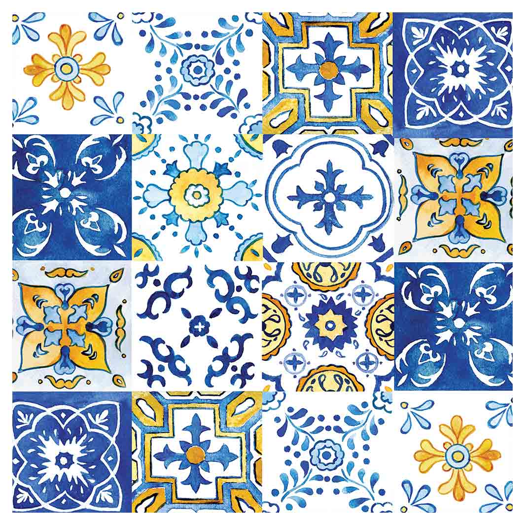 PATTERN BLUE AND YELLOW WATERCOLOUR LISBON TILE SQUARE COFFEE TABLE
