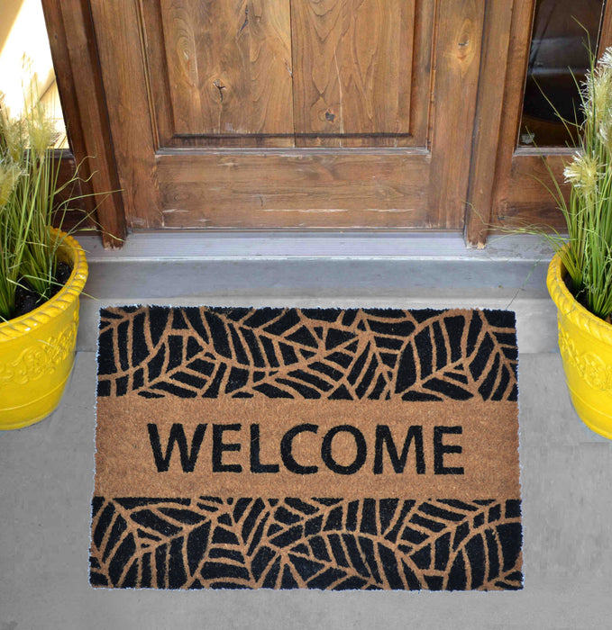 WELCOME LEAF DESIGN - PRINTED COIR VINYL-BACKED DOORMAT