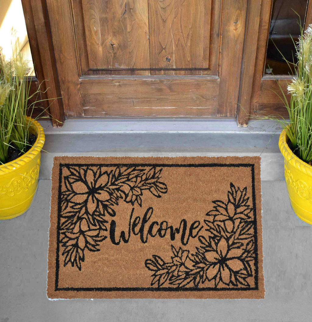 WELCOME FLORAL DESIGN - PRINTED COIR VINYL-BACKED DOORMAT