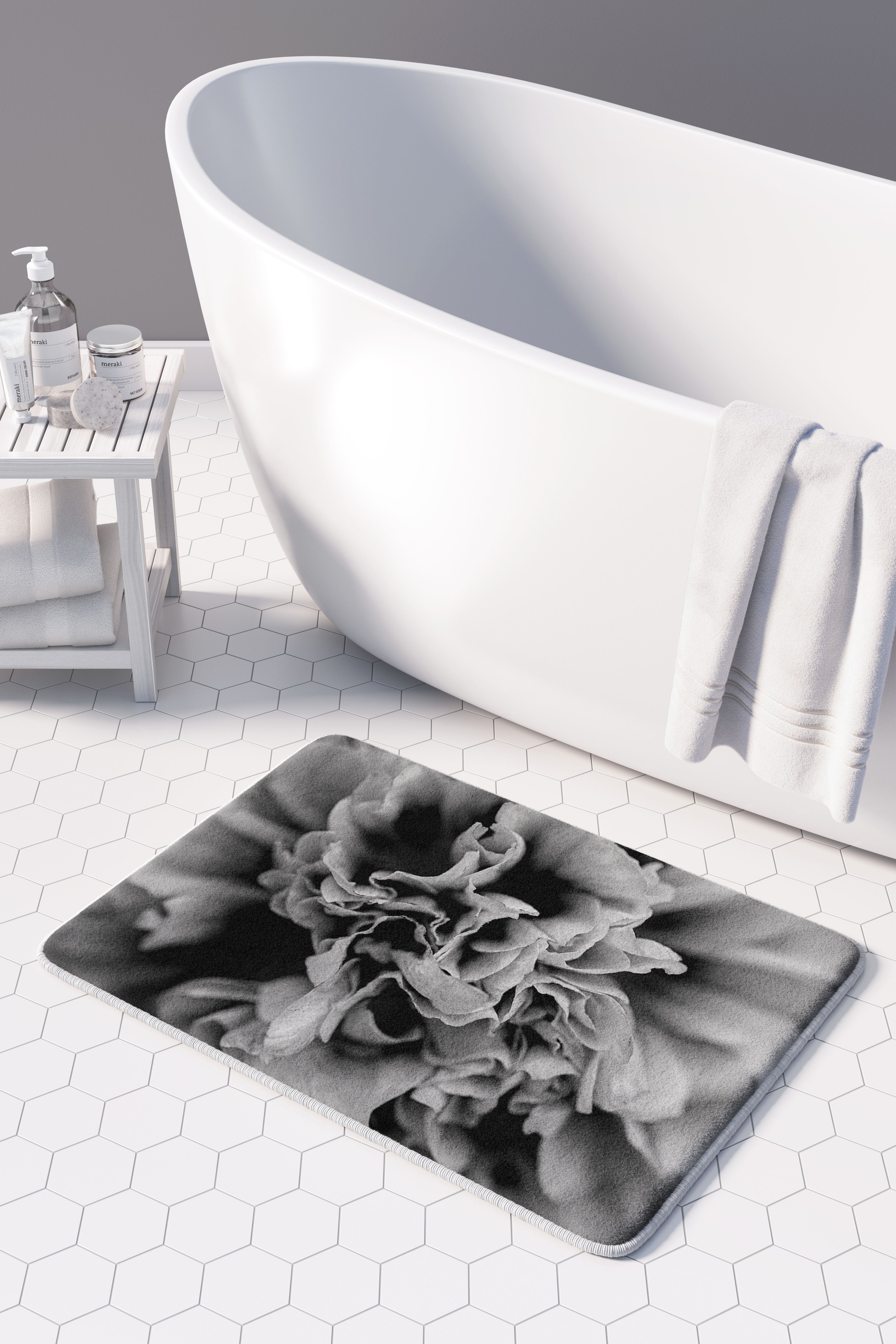 FLORAL BLACK AND WHITE PEONY BATHMAT