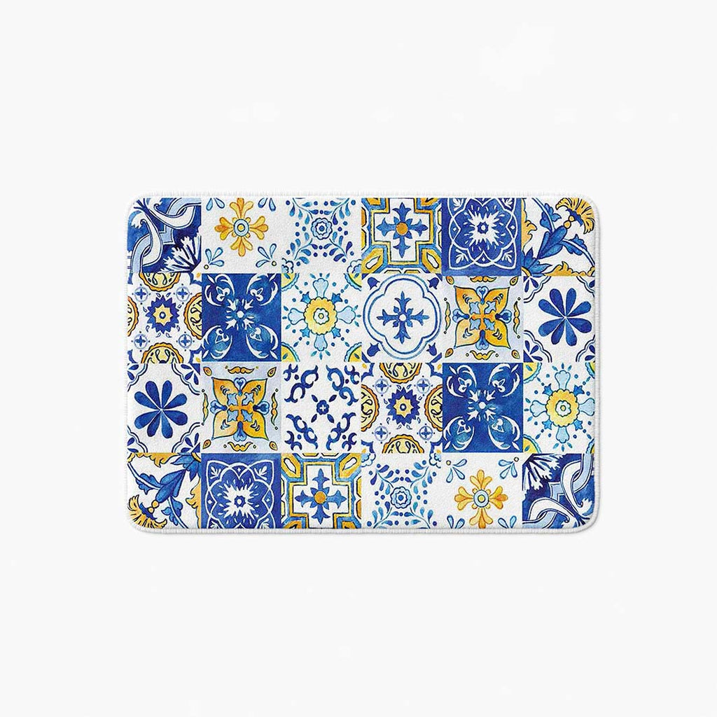 PATTERN BLUE AND YELLOW WATERCOLOUR LISBON TILE BATHMAT