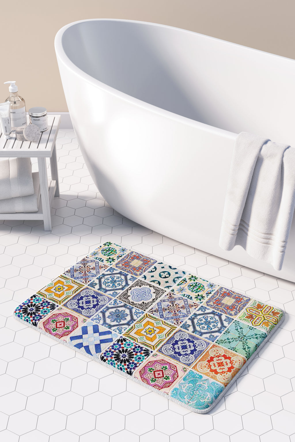 PATTERN BLUE COLOURFUL TILE BATHMAT
