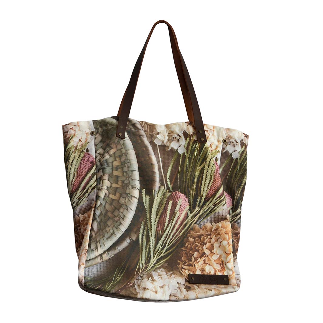 FLORAL CREAM AND GREY BASKET WITH PINK BANKSEAS MY BAG