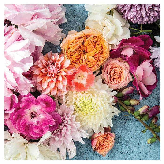 FLORAL PINK PEONY AND DAHLIA BOUQUET ON BLUE NAPKIN